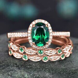 14k Rose Gold Diamond Emerald Ring Band Set of 3 Rings